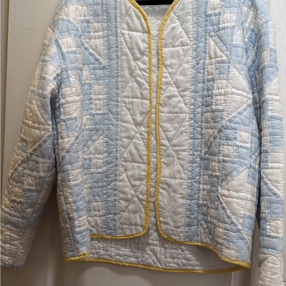 Handmade Quilted Light Blue and White Jacket with Yellow Trim